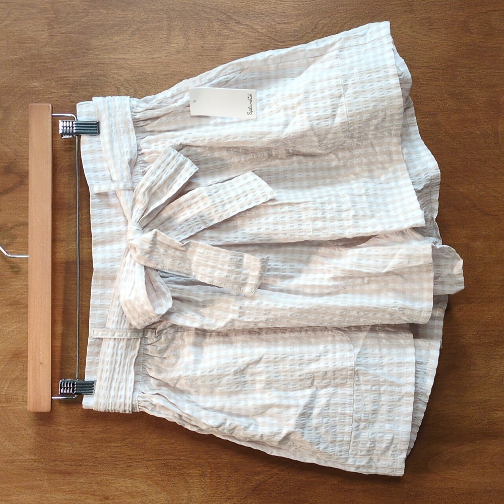 Splendid Gabrielle Crinkle Gingham Front Tie Pull On Shorts In Oat/White Size L - Picture 2 of 9